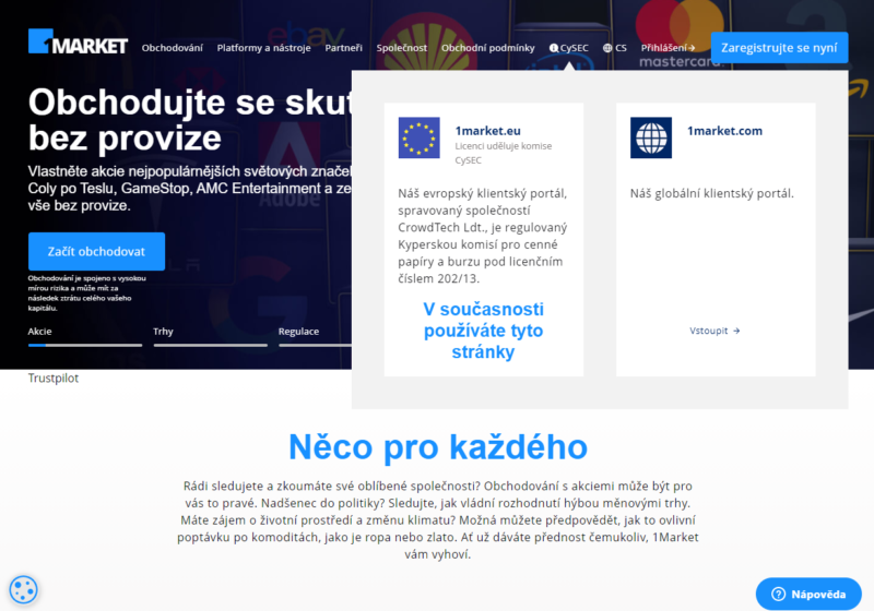 V záhlaví webu 1market.eu je jako provozovatel uvedena společnost CrowdTech Ldt.