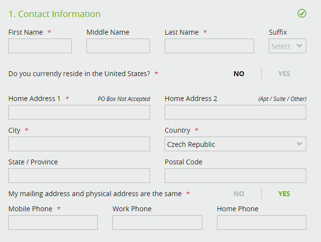 Registrační formulář: kontaktní údaje