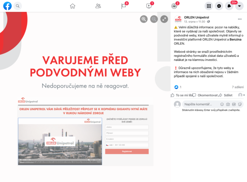 Prohlášení ORLEN Unipetrol na Facebooku